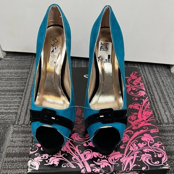 Qupid Tatum 47 teal velvet Ruched peep toe Platform Pumps  Sz 8 - Picture 2 of 8